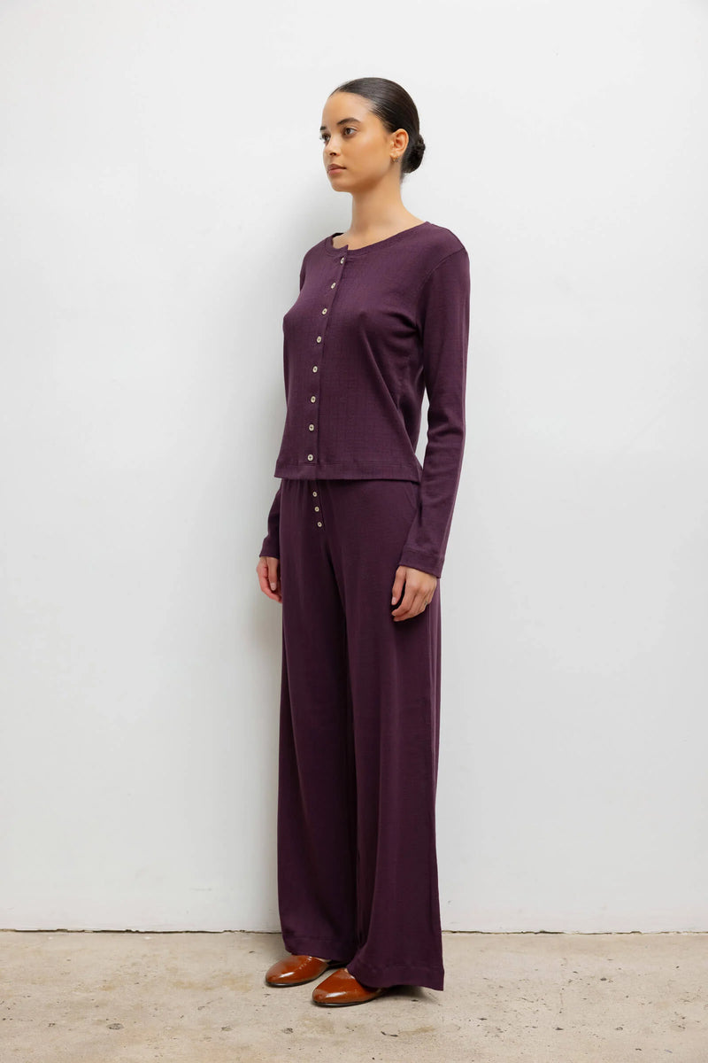 Leset Pointelle Classic Crew Cardigan Dark Berry