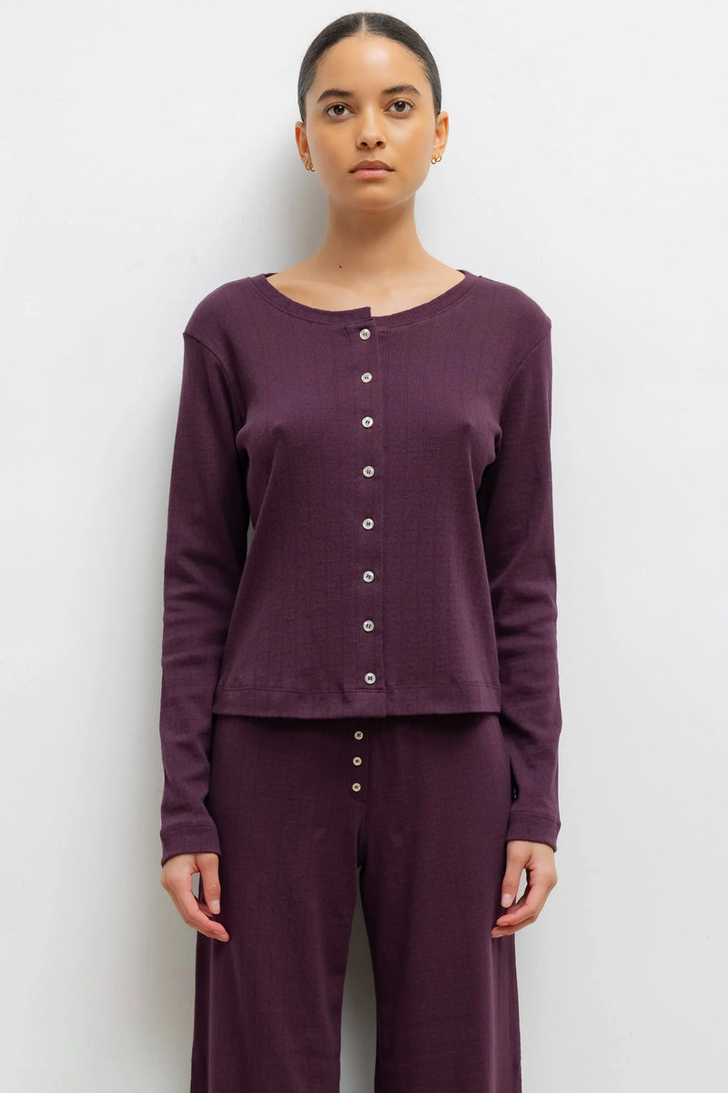 Leset Pointelle Classic Crew Cardigan Dark Berry