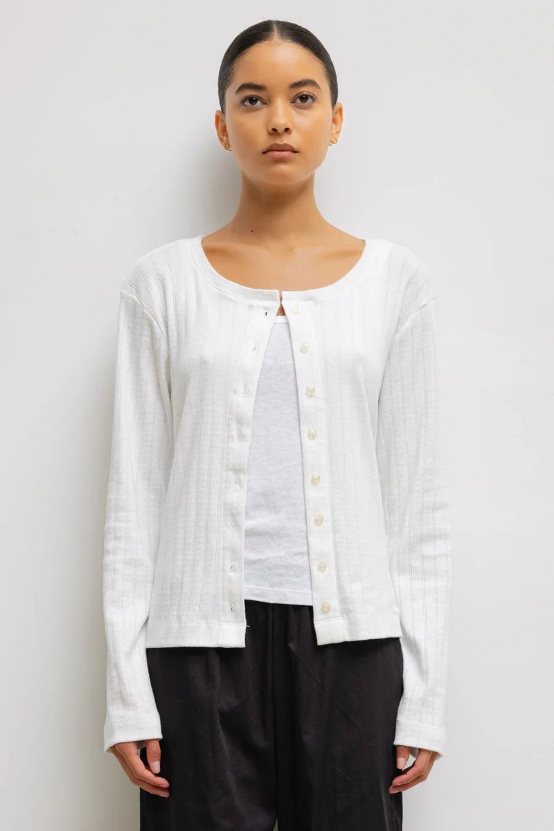 Leset Pointelle Classic Crew Cardigan White