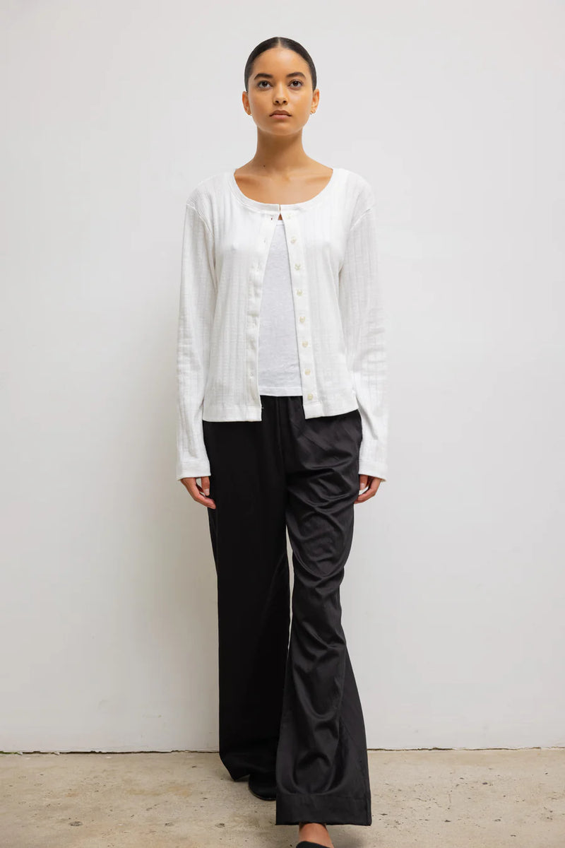 Leset Pointelle Classic Crew Cardigan White