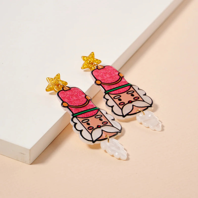 Lilla Haven Christmas Nutcracker Dangling Earrings Pink with Beard
