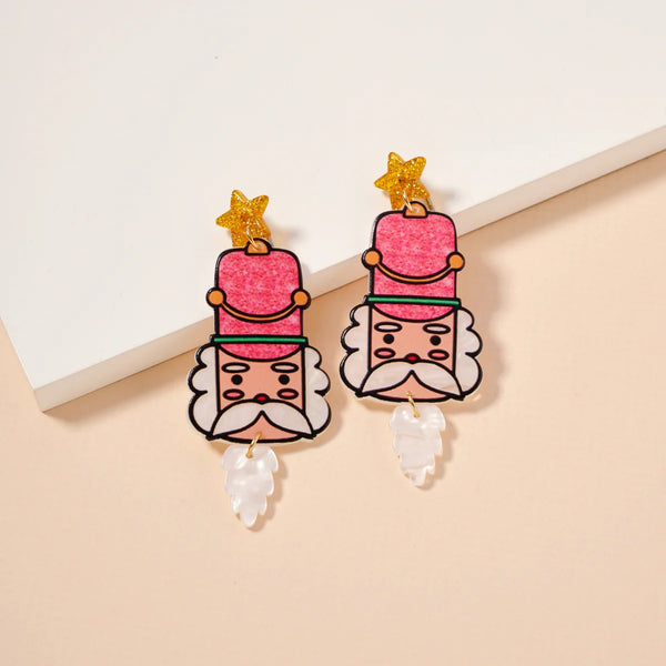 Lilla Haven Christmas Nutcracker Dangling Earrings Pink with Beard