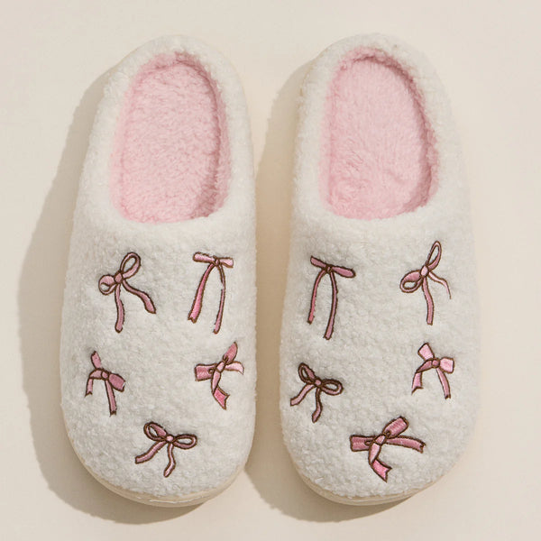 Lilla Haven Cozy Bow Embroidered Plush Slippers