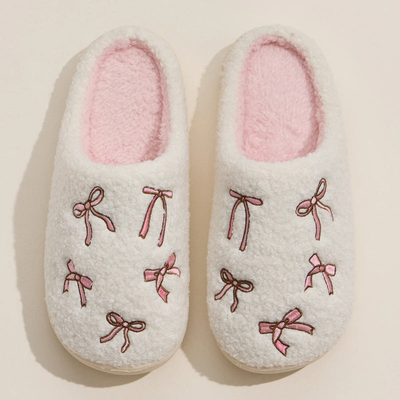 Lilla Haven Cozy Bow Embroidered Plush Slippers