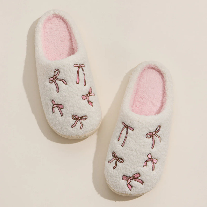 Lilla Haven Cozy Bow Embroidered Plush Slippers