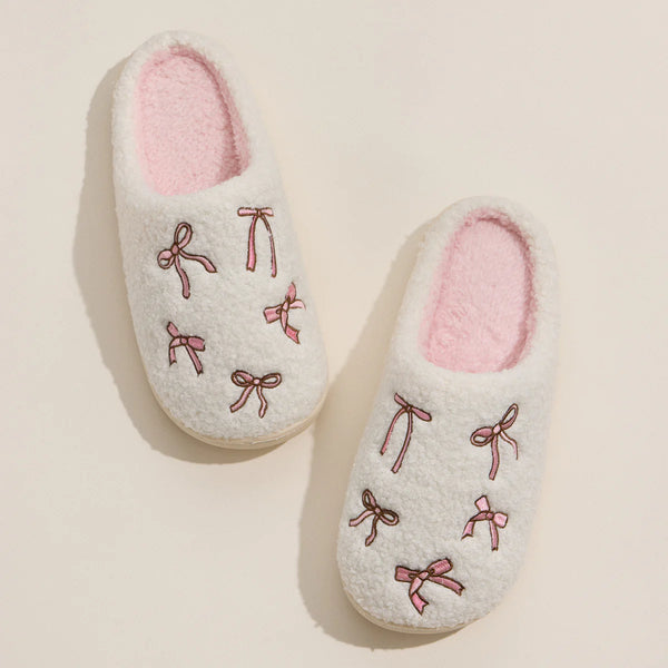 Lilla Haven Cozy Bow Embroidered Plush Slippers