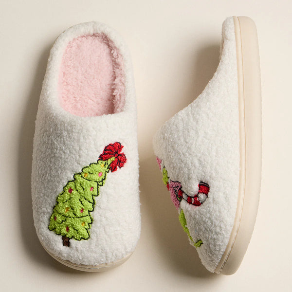 Lilla Haven Green Monster Christmas Tree Holiday Slippers
