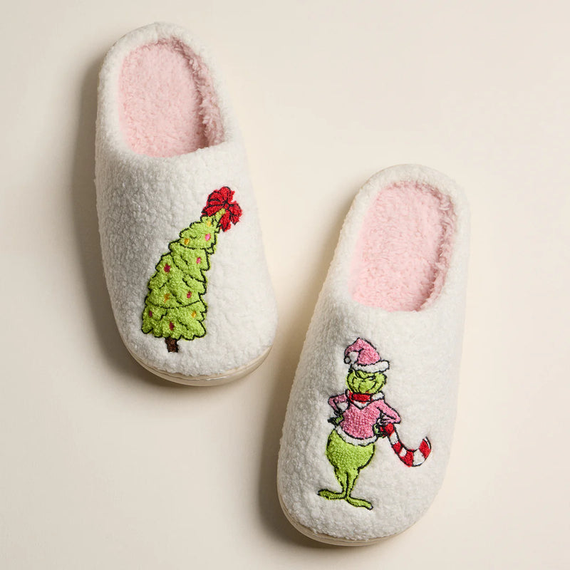 Lilla Haven Green Monster Christmas Tree Holiday Slippers