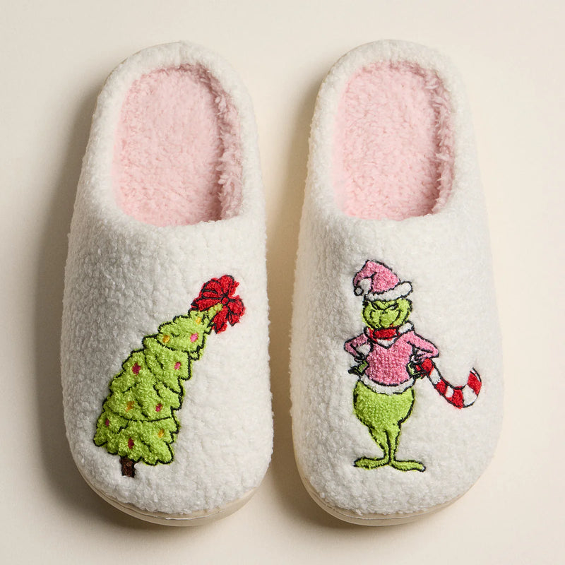 Lilla Haven Green Monster Christmas Tree Holiday Slippers