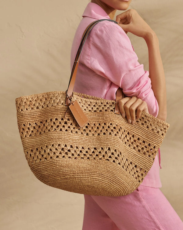 Manebi basket bag weaving tan natural raffia & leather