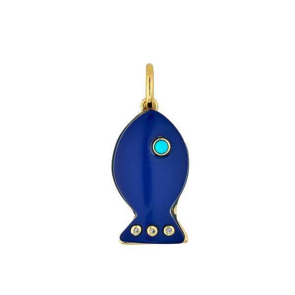 ASHA Lapis Fish Charm w/ Turquoise Cab Eye & Faceted Clear CZ Tail