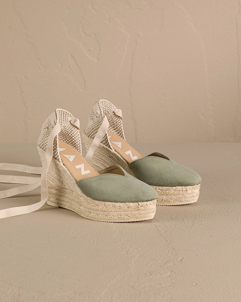 Manebi mule wedge espadrilles sage soft suede; hamptons