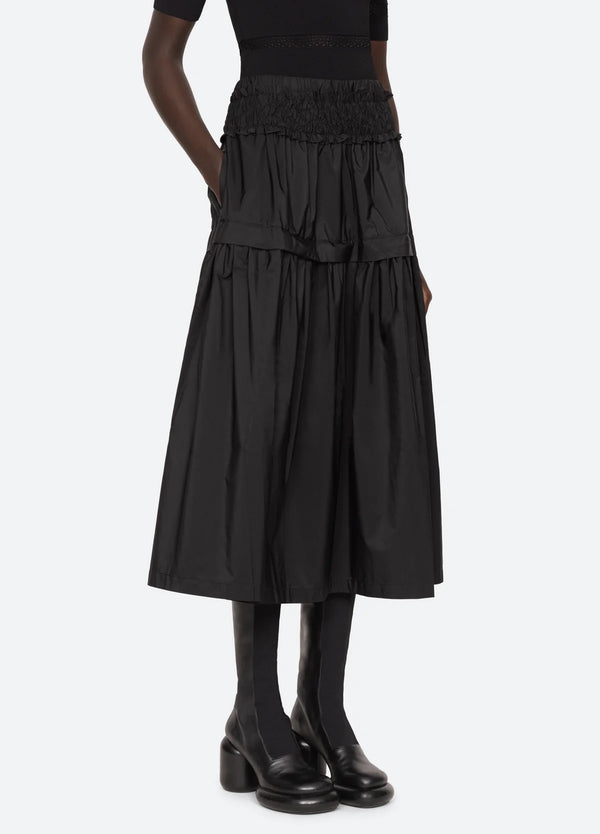 Sea NY Belen Taffeta Smocked Tiered Skirt Black