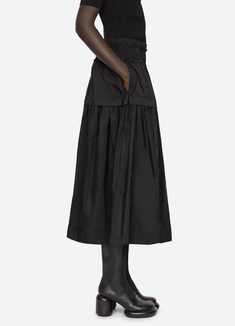 Sea NY Belen Taffeta Smocked Tiered Skirt Black