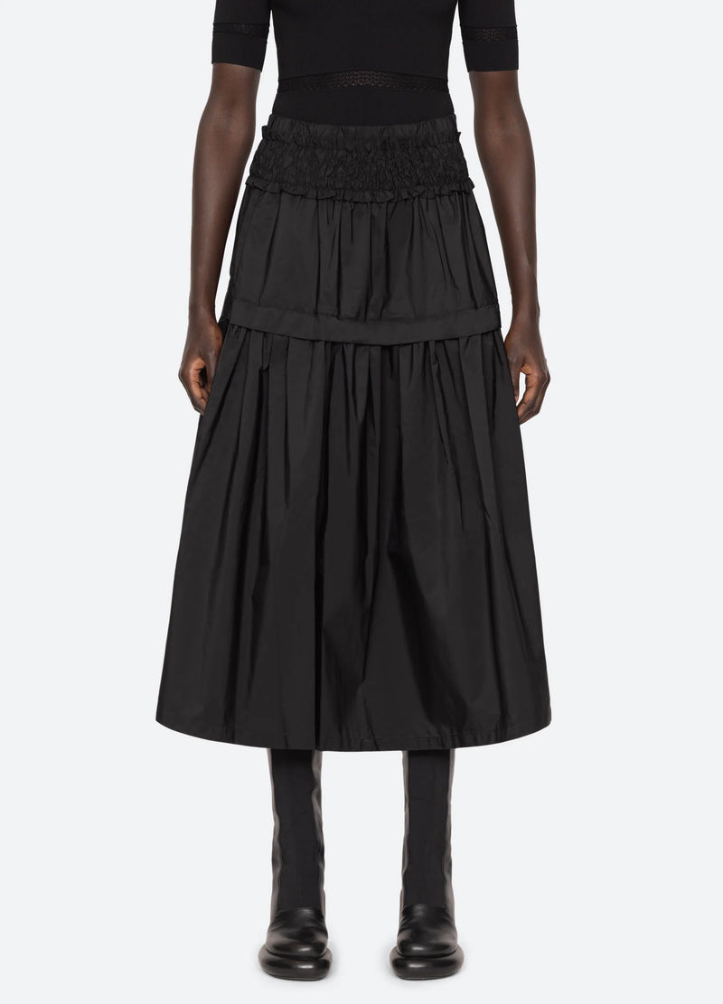 Sea NY Belen Taffeta Smocked Tiered Skirt Black