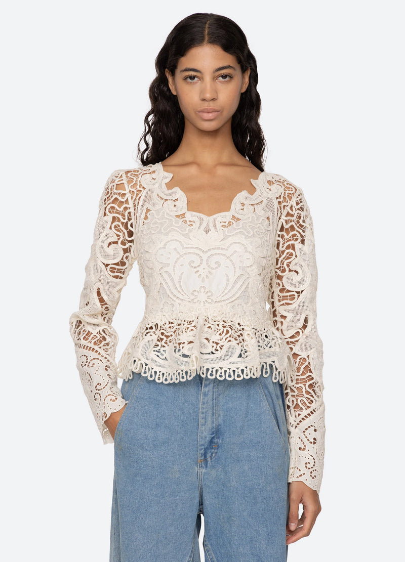 Sea NY Gianna Lace Longsleeve Top Bone