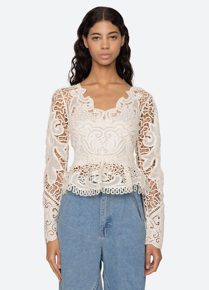 Sea NY Gianna Lace Longsleeve Top Bone