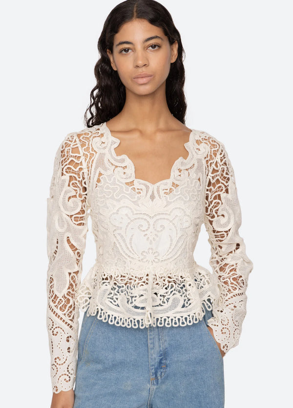 Sea NY Gianna Lace Longsleeve Top Bone