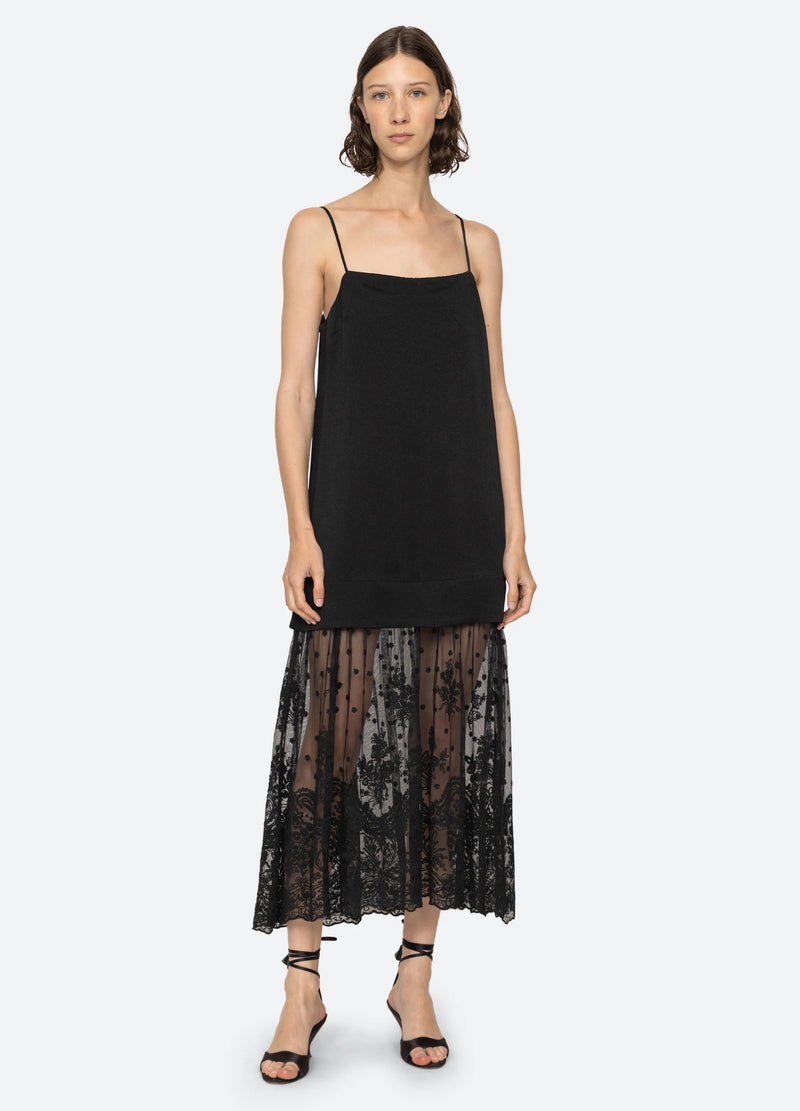 Sea NY Noa Satin Slip Dress w/ Lace Skirt