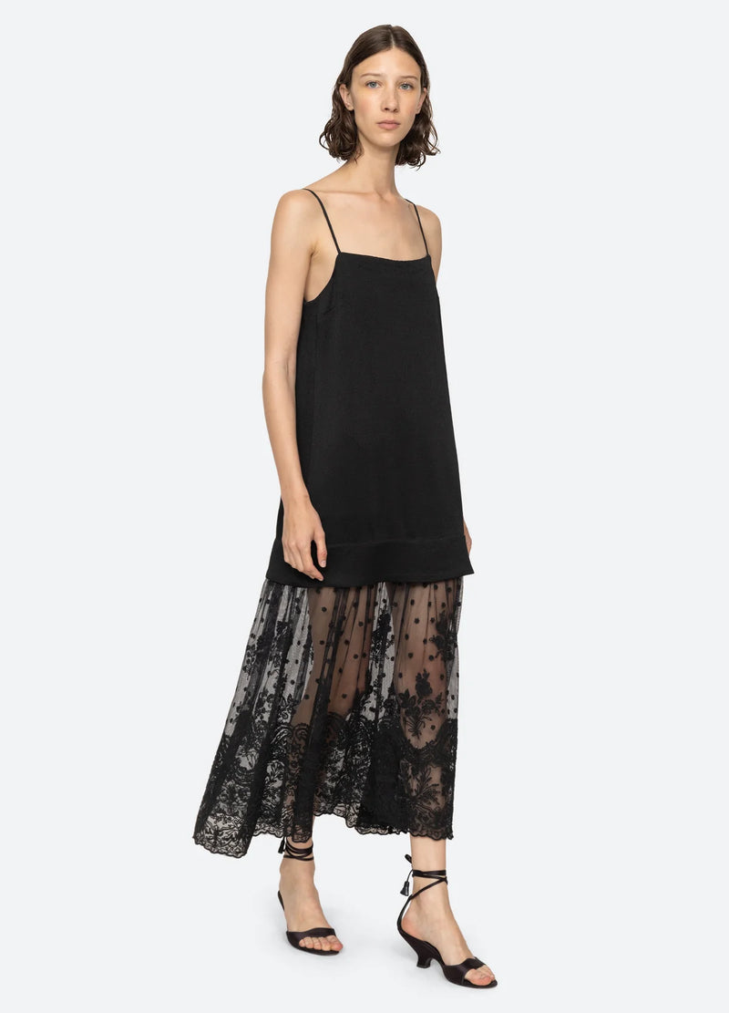 Sea NY Noa Satin Slip Dress w/ Lace Skirt