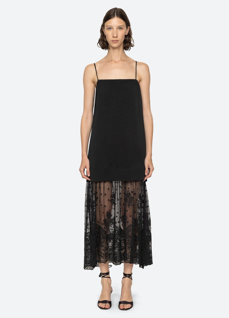 Sea NY Noa Satin Slip Dress w/ Lace Skirt