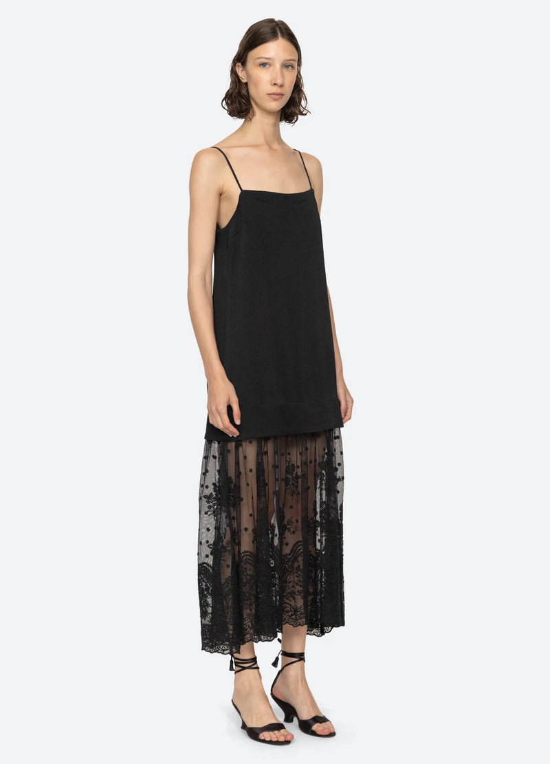 Sea NY Noa Satin Slip Dress w/ Lace Skirt