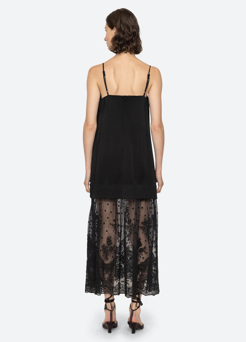 Sea NY Noa Satin Slip Dress w/ Lace Skirt