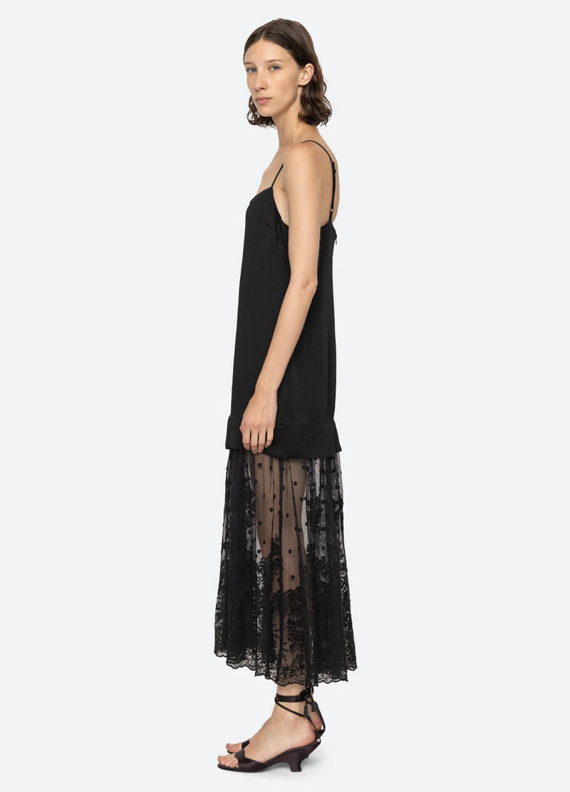 Sea NY Noa Satin Slip Dress w/ Lace Skirt