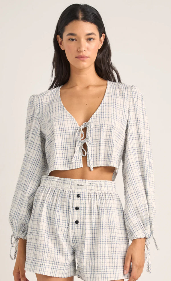 Rhythm Desi Plaid Blouson Top Blue