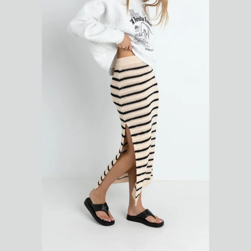 Rhythm Highline Stripe Knit Midi Skirt Vintage White