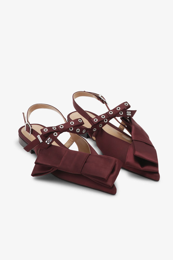 Ganni Big Bow Slingback Ballerina Satin Dark Burgundy