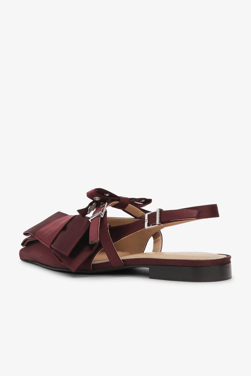 Ganni Big Bow Slingback Ballerina Satin Dark Burgundy