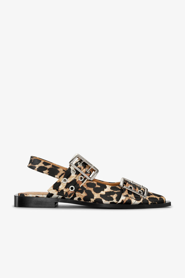 Ganni Feminine Buckle Ballerina Satin Print Leopard