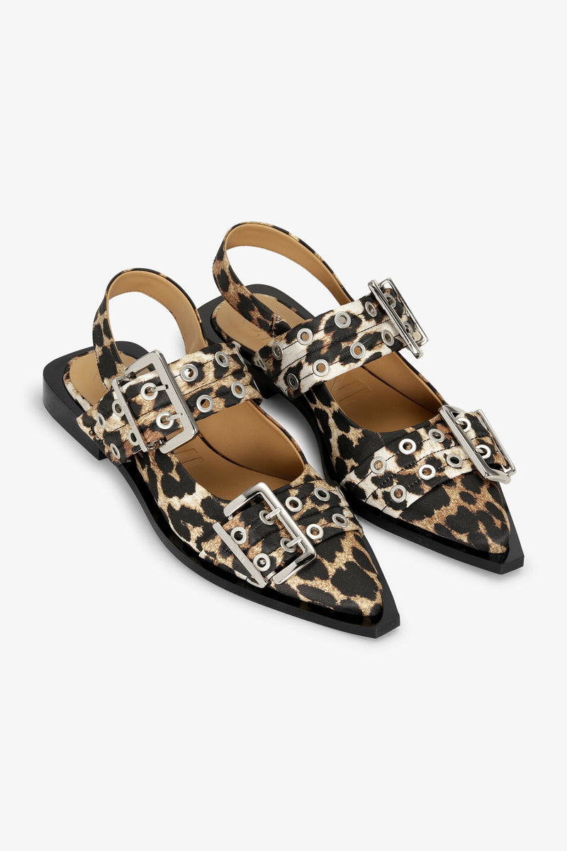 Ganni Feminine Buckle Ballerina Satin Print Leopard