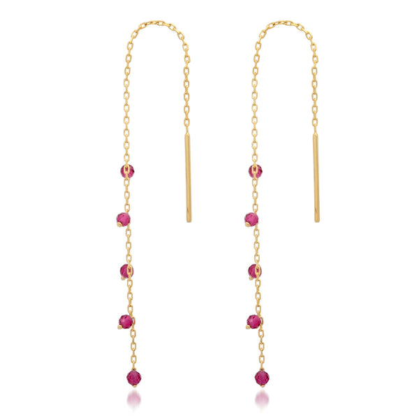 Tai Gold vermeil chain earrings with 5 ruby nano cubic- 2mm; Length 8cm