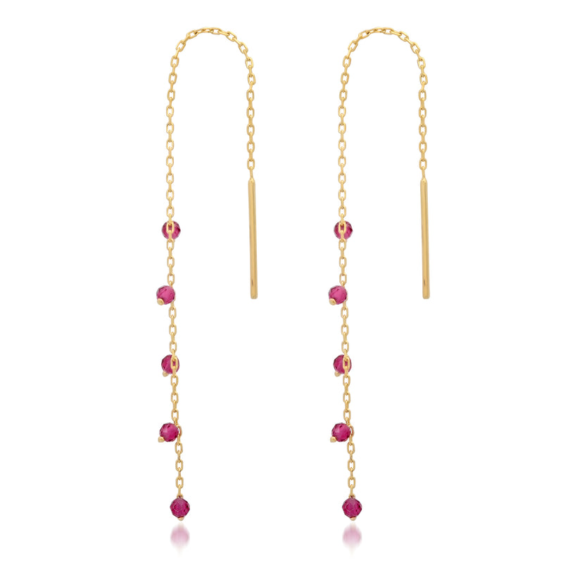 Tai Gold vermeil chain earrings with 5 ruby nano cubic- 2mm; Length 8cm