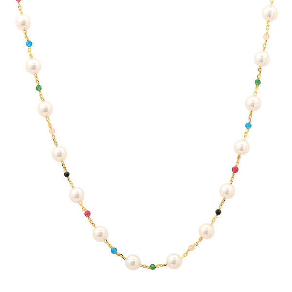 Tai Gold vermeil necklace with swarovski pearls and multi nano stone ruby, black spinel, citrine, green quartz, blue sapphire