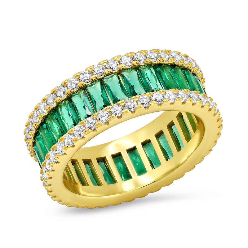 Tai Gold vermeil thick ring with clear CZ trim and emerald colored baguette all around