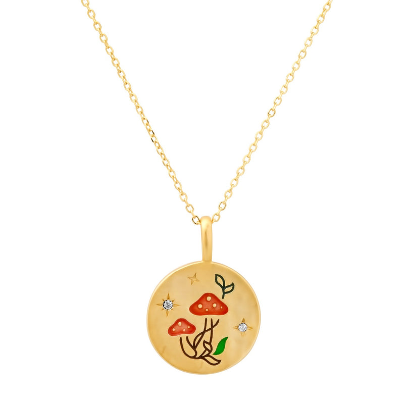 Tai Gold vermeil chain necklace with round pendant - CZ and handmade painted mushroom detailing