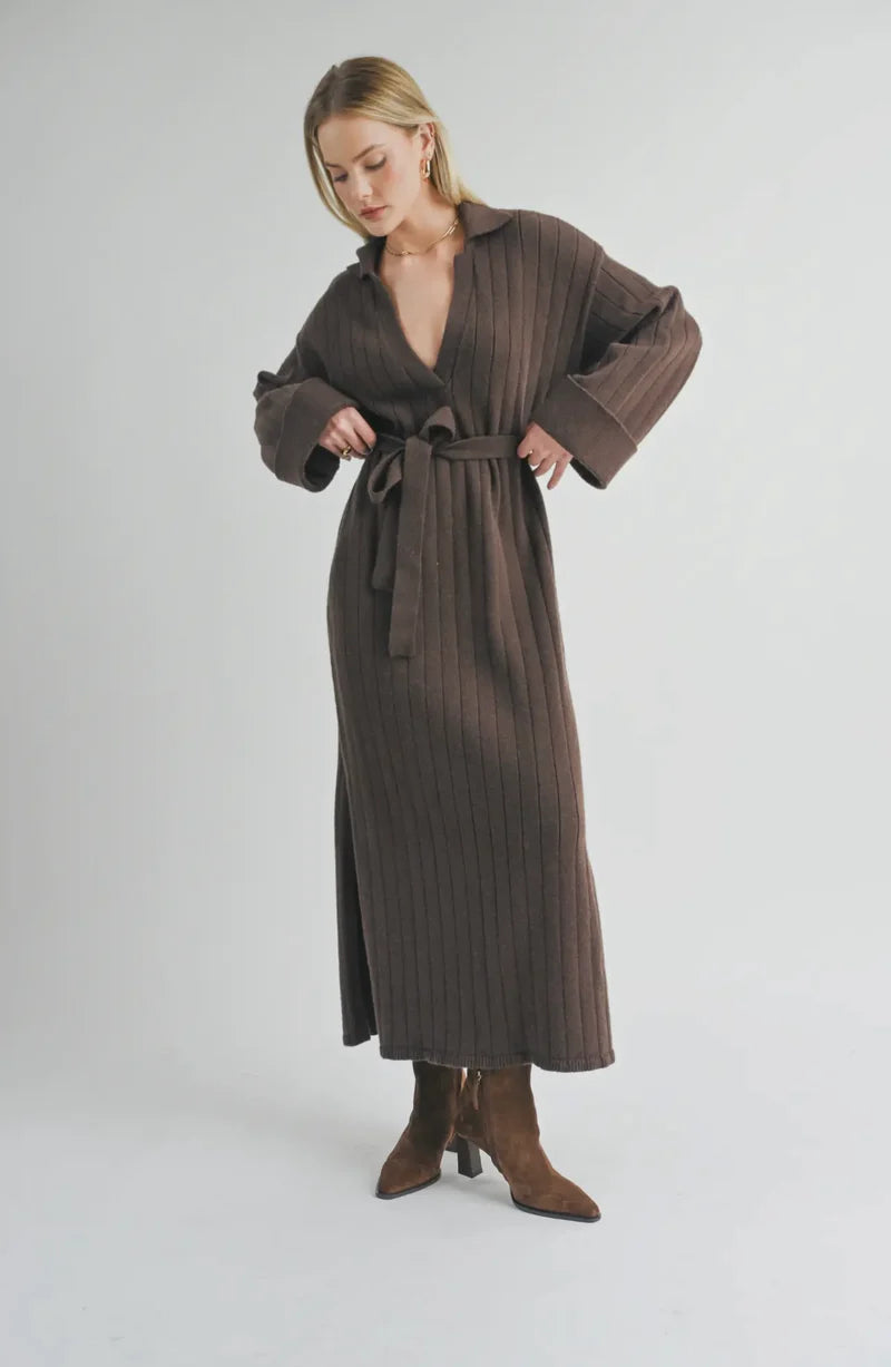 Sage the Label  Amber Waist Ties Sweater Dress Chocolate