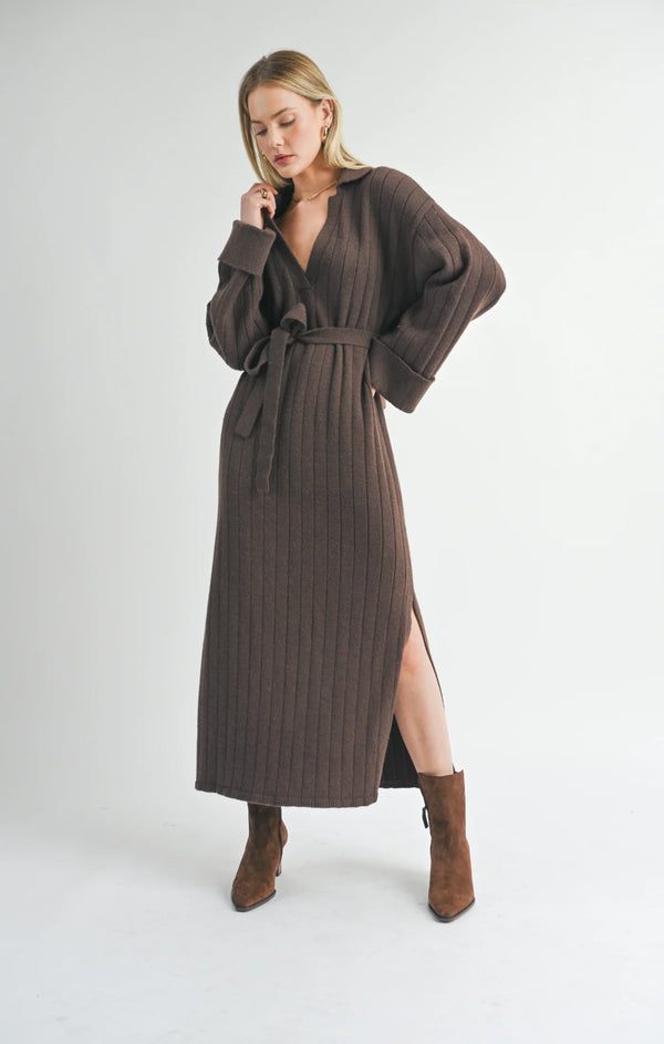 Sage the Label  Amber Waist Ties Sweater Dress Chocolate