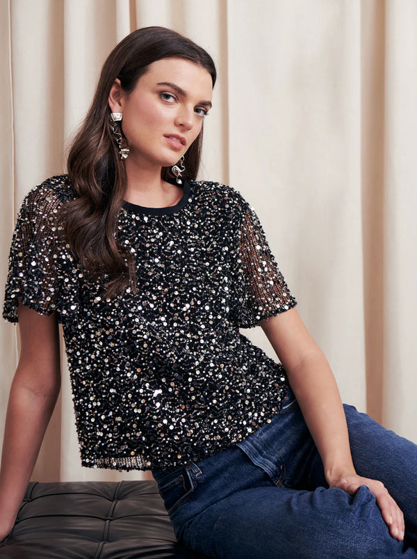 Saylor Natassia Tweed Bead Sequin Top
