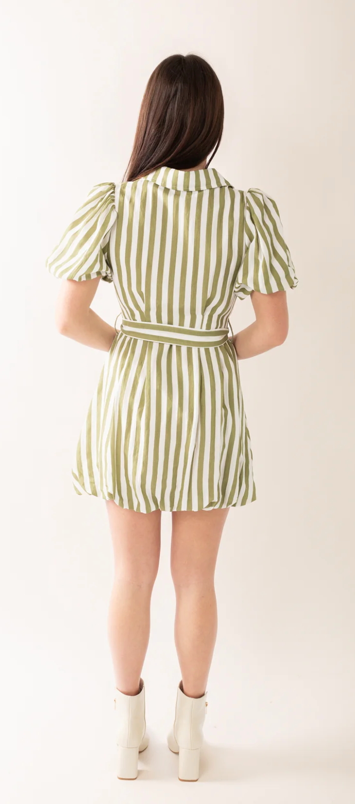 En Saison Bubble Hem Mini Dress Sage Stripe
