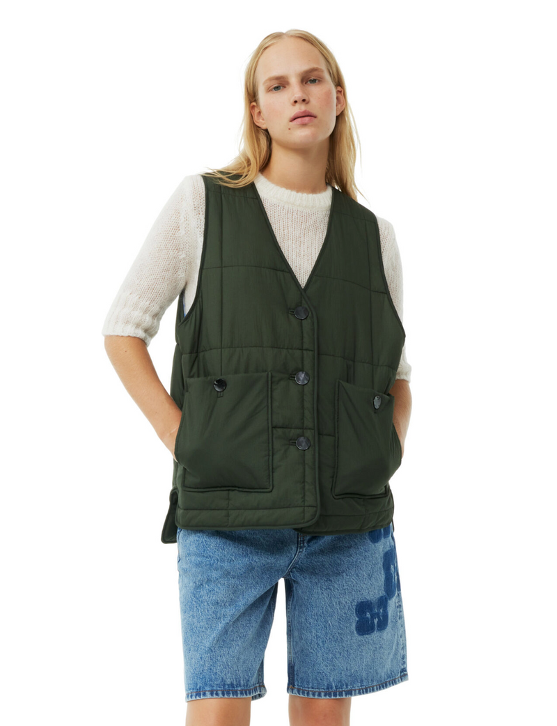 Ganni Quilt Boxy Vest Kombu Green