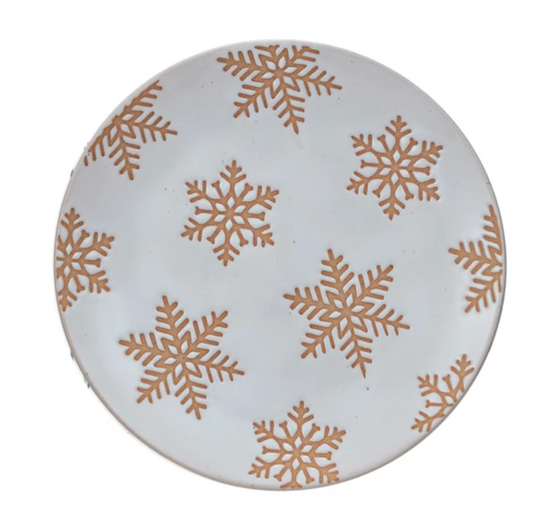 Stoneware Plate w/ Wax Relief Snowflakes, Reactive Glaze (Each One Will Vary)