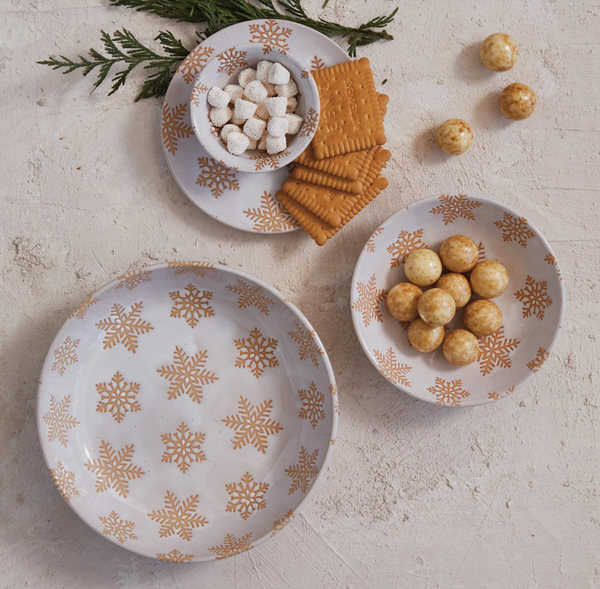 Stoneware Plate w/ Wax Relief Snowflakes, Reactive Glaze (Each One Will Vary)