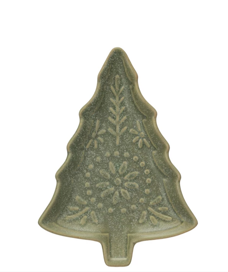 Stoneware Tree Shaped Plate, Matte Reactive Glaze, Green (Each One Will Vary)