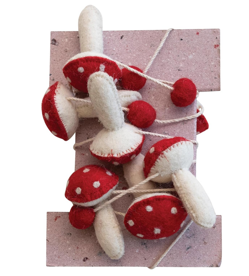 Wool Felt Mushrooms & Pom Poms Garland, Red & White