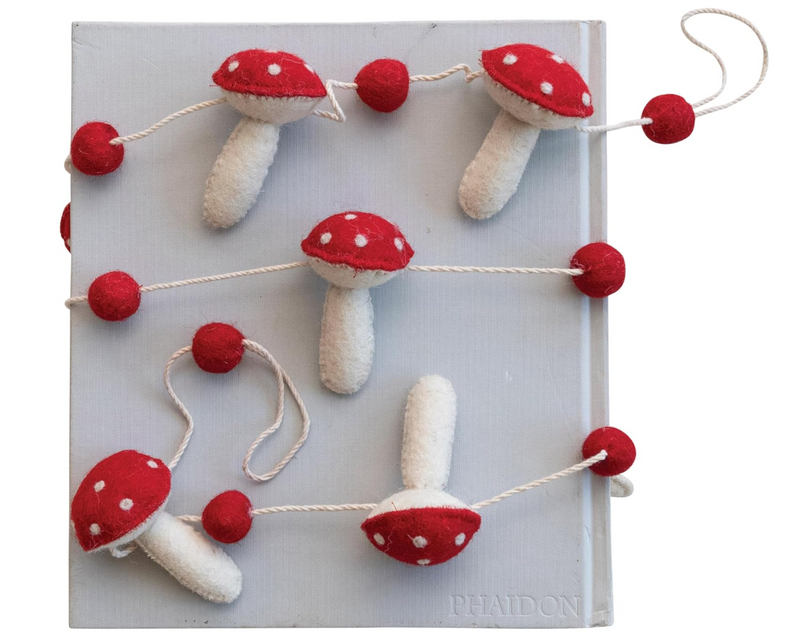 Wool Felt Mushrooms & Pom Poms Garland, Red & White