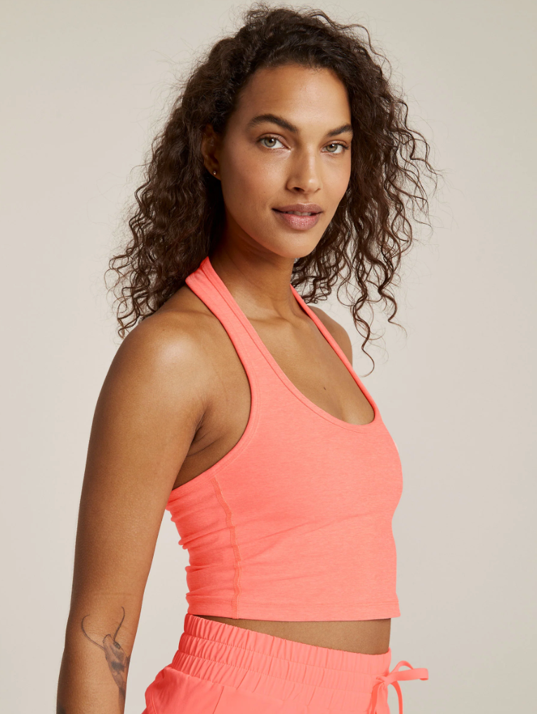 Beyond Yoga Spacedye Well Rounded Cropped Halter Tank Electric Peach Heather